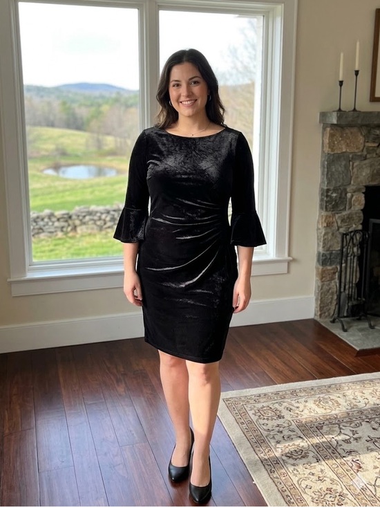Chaps Dresses & Skirts - NWT Chaps Black Velvet Ruched Sheath Dress with Bell Sleeves